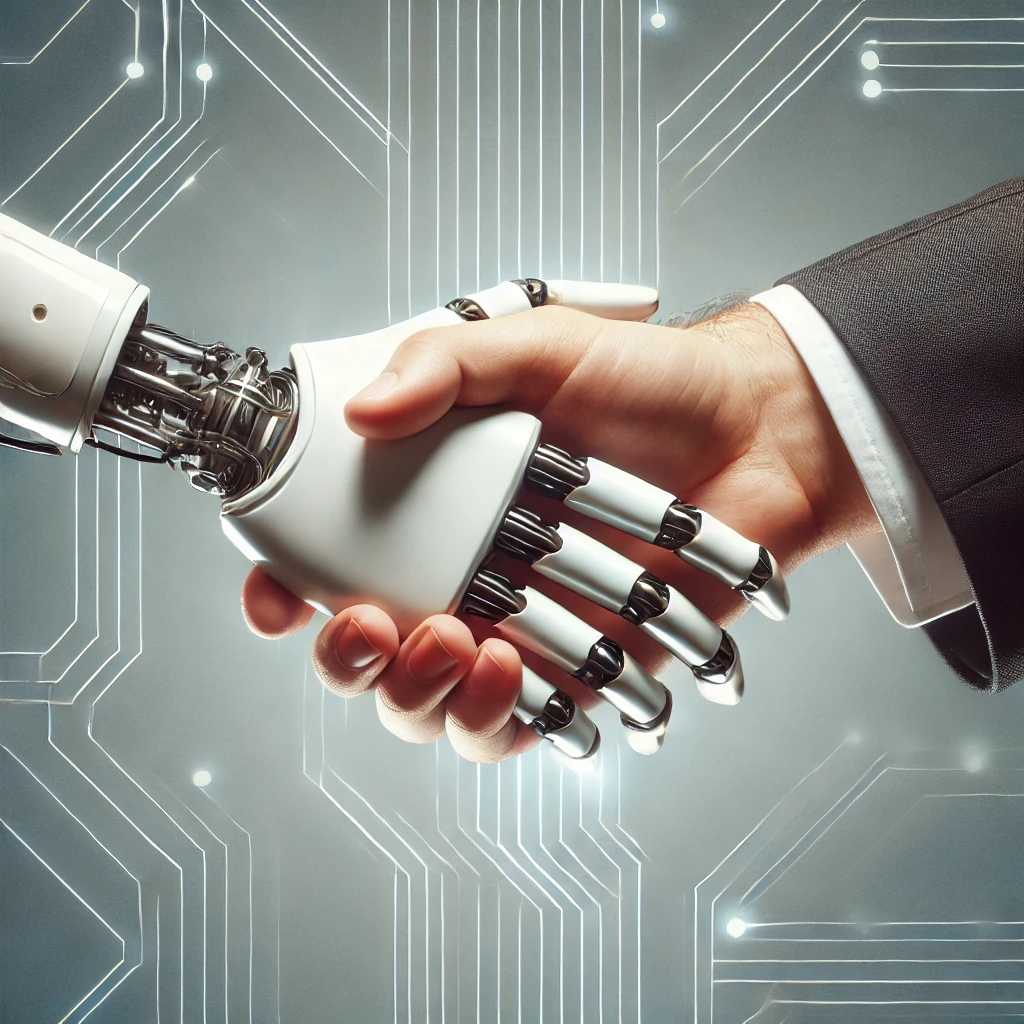 "En robotarm som h&aring;ndhilser p&aring; en menneskeh&aring;nd, som symboliserer samarbeid mellom teknologi og mennesker i fremtidens rekrutteringstrender.