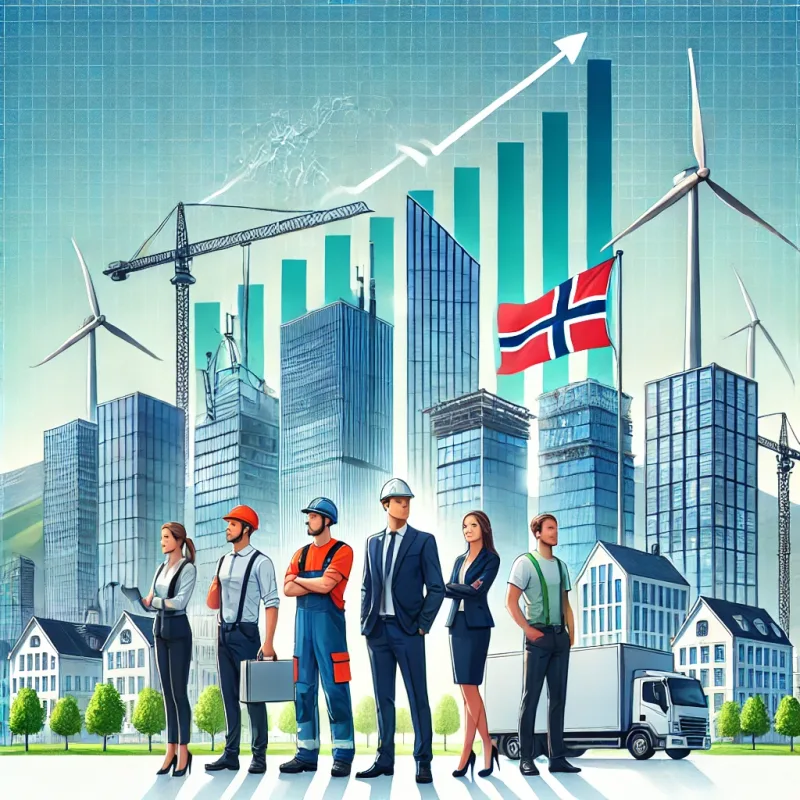Illustrasjon av det norske arbeidsmarkedet i 2025. Bildet viser en moderne by med kontorbygg, byggekraner, vindturbiner og diverse yrkesgrupper som representerer teknologi, bygg og anlegg, grønn energi og logistikk. I bakgrunnen er det et grafisk element som symboliserer økende sysselsettingsrater.